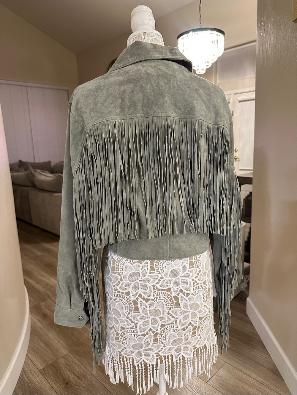 Stunning suede green fringe jacket blank NWT size M - Picture 4 of 11